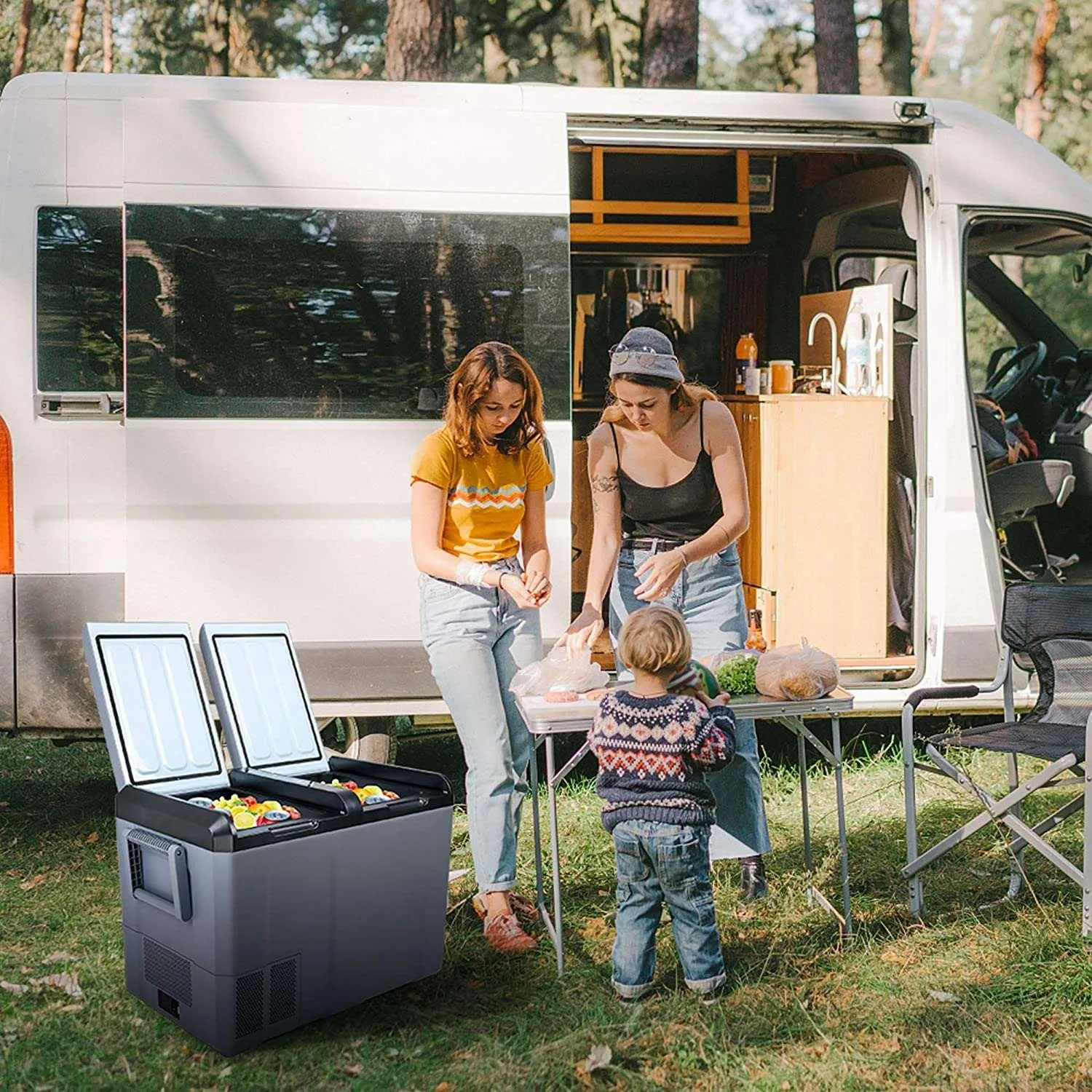 12 Volt Refrigerator 55Qt Portable Freezer 6.8F to 68F LCD Display & Shockproof, Portable Fridge for Truck, Van, RV Road Trip, Outdoor, Camping, Picnic, BBQ, Patio
