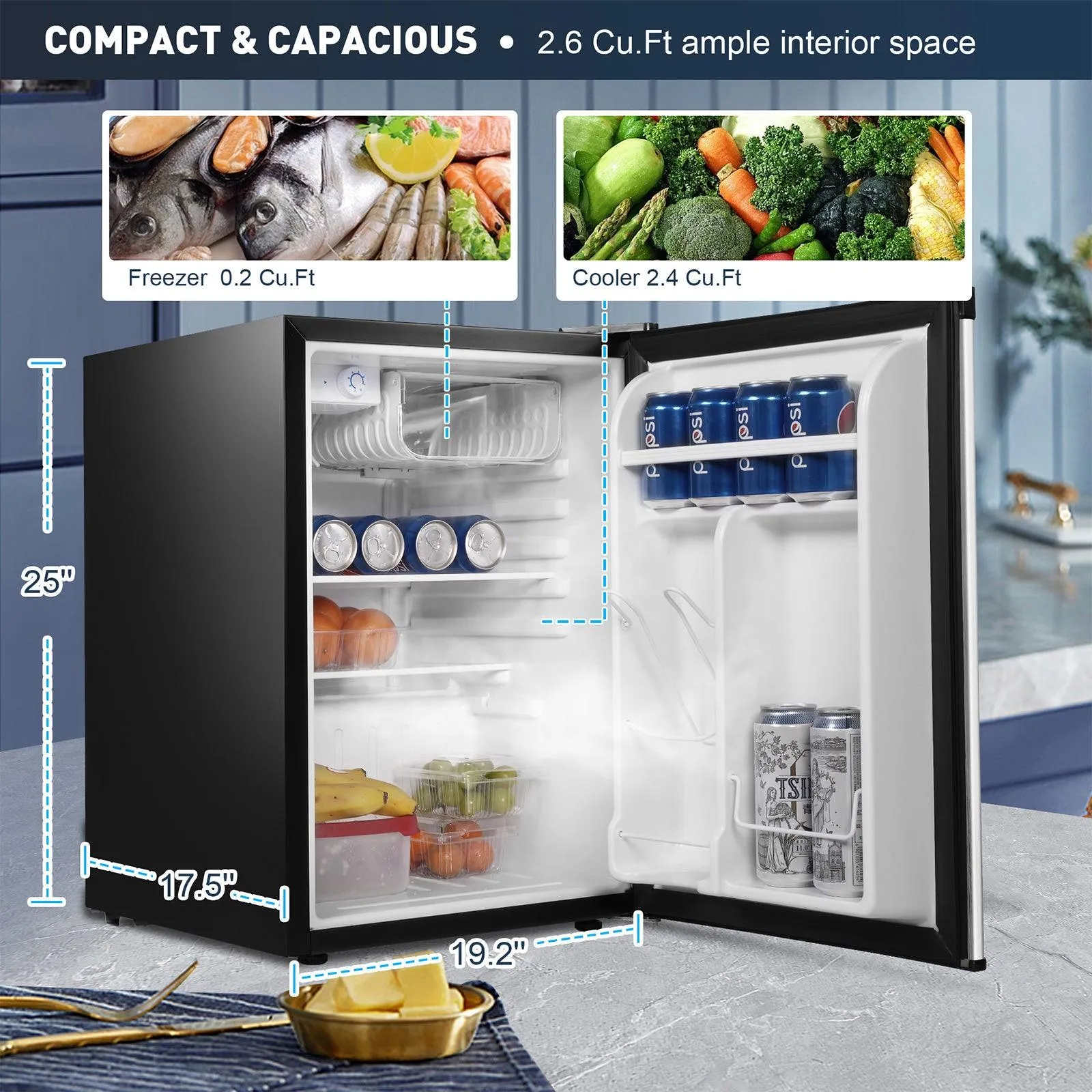2.6 Cu.ft. Mini Fridge with Freezer Compact Refrigerator with Removable Shelf