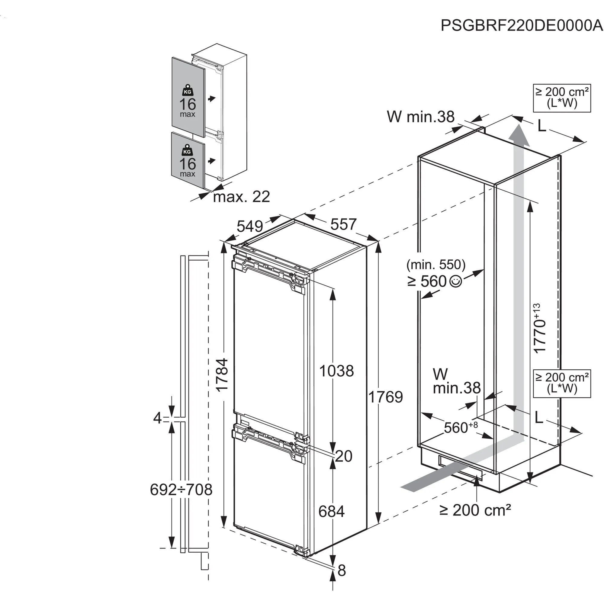 AEG 6000 TC6MS18FDF Integrated Frost Free Fridge Freezer with Fixed Door Fixing Kit - White - D Rated