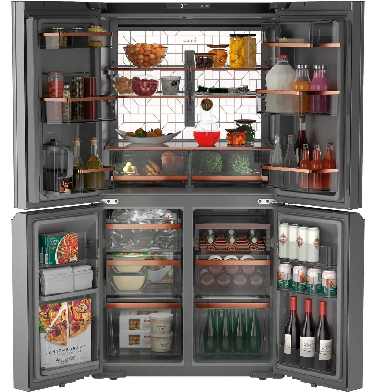 Cafe CAE28DM5TS5 Caf&#8482; Energy Star 27.4 Cu. Ft. Smart Quad-Door Refrigerator In Platinum Glass With Dual-Dispense Autofill Pitcher
