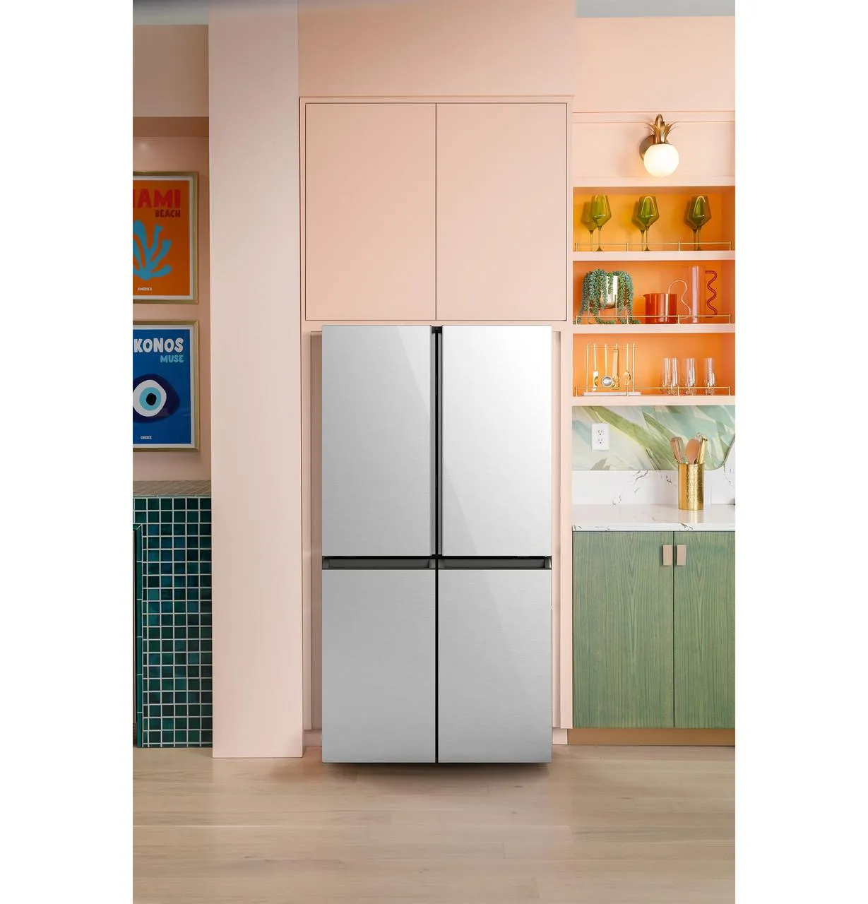 Cafe CAE28DM5TS5 Caf&#8482; Energy Star 27.4 Cu. Ft. Smart Quad-Door Refrigerator In Platinum Glass With Dual-Dispense Autofill Pitcher