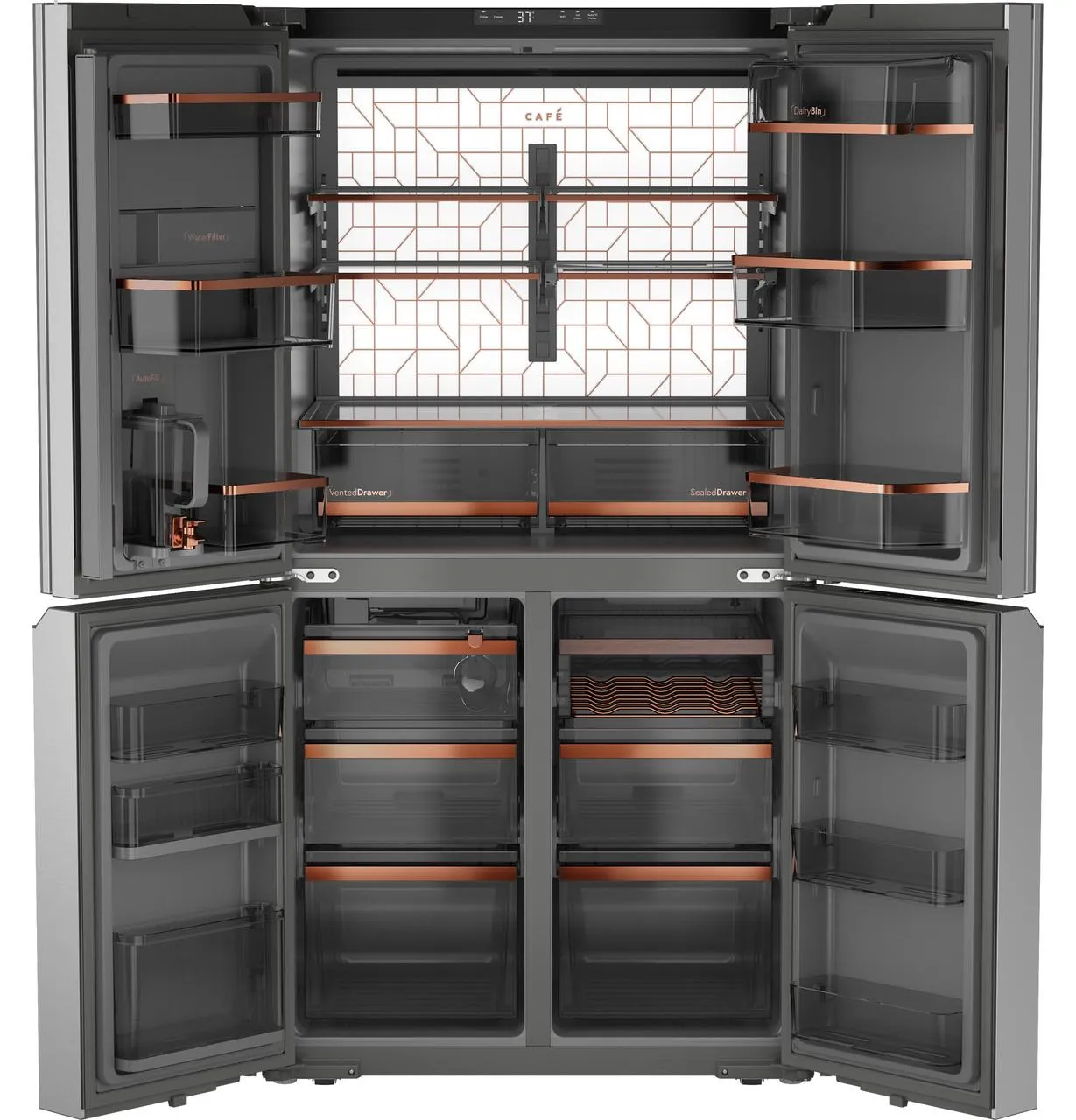Cafe CAE28DM5TS5 Caf&#8482; Energy Star 27.4 Cu. Ft. Smart Quad-Door Refrigerator In Platinum Glass With Dual-Dispense Autofill Pitcher