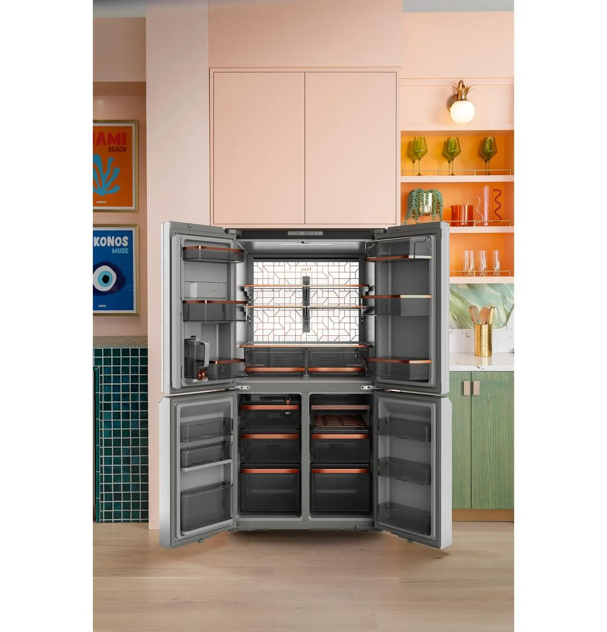 Cafe CAE28DM5TS5 Caf&#8482; Energy Star 27.4 Cu. Ft. Smart Quad-Door Refrigerator In Platinum Glass With Dual-Dispense Autofill Pitcher