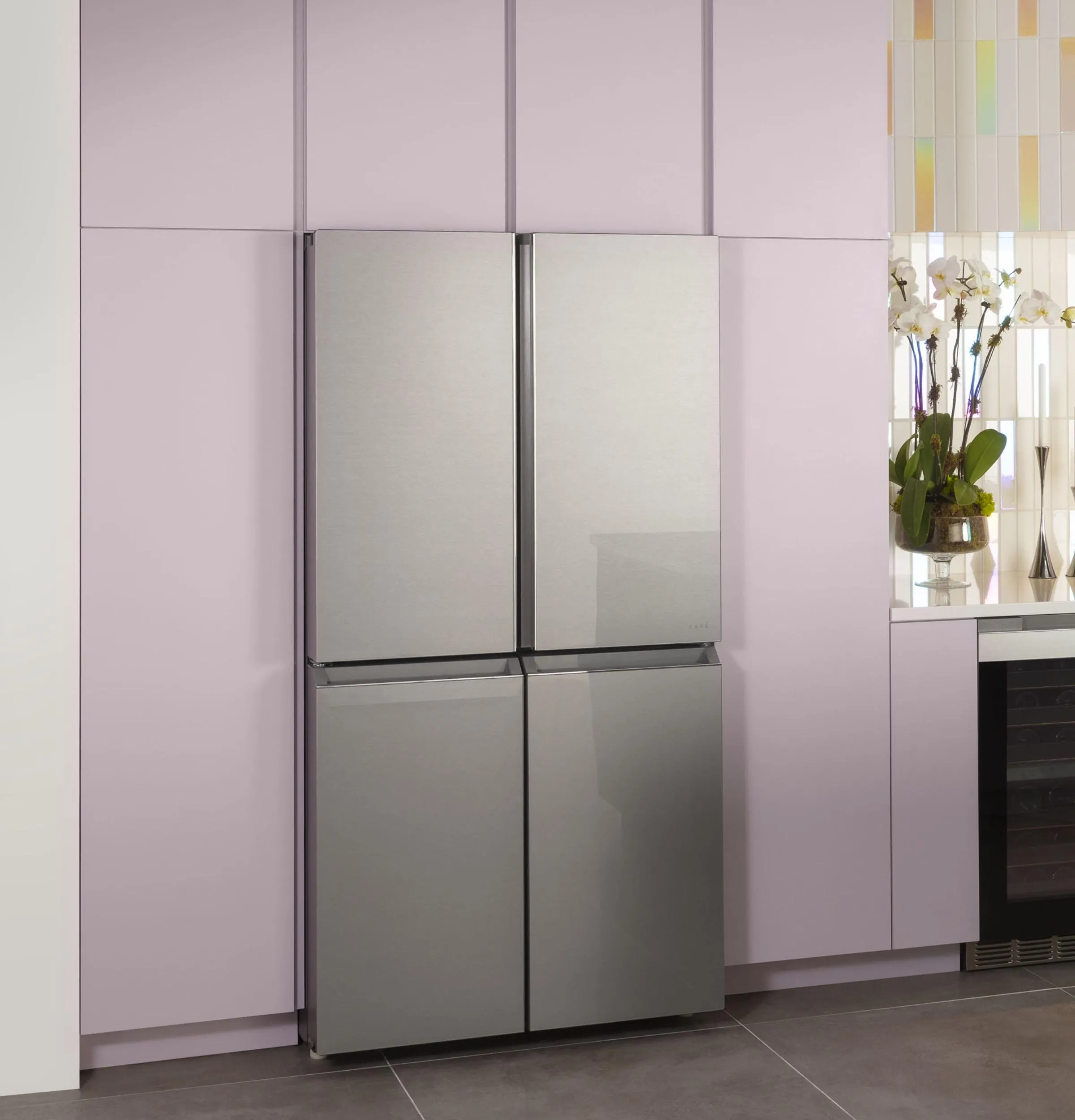 Cafe CHE23DM5WS5 Caf&#8482; Energy Star 22.9 Cu. Ft. Smart Counter-Depth Quad-Door Refrigerator In Platinum Glass With Dual-Dispense Autofill Pitcher