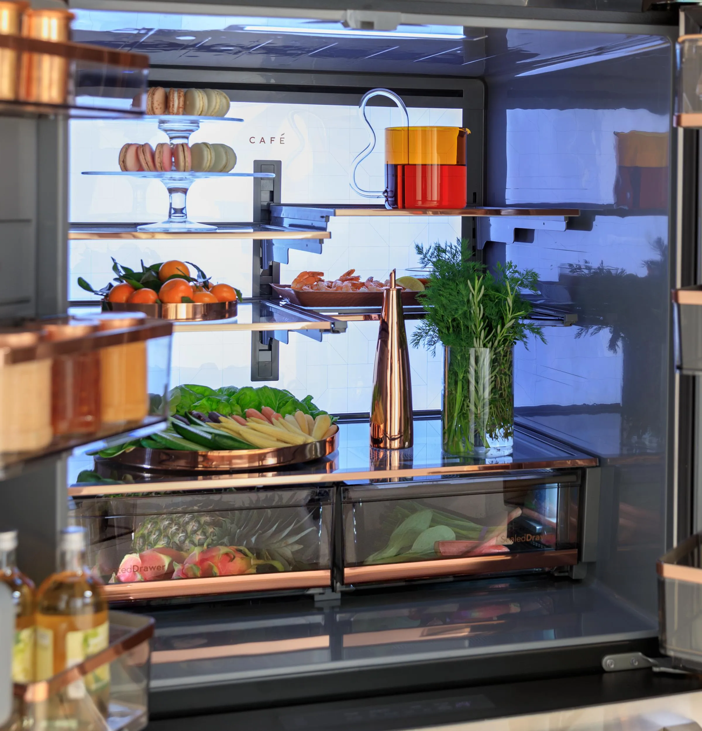 Cafe CHE23DM5WS5 Caf&#8482; Energy Star 22.9 Cu. Ft. Smart Counter-Depth Quad-Door Refrigerator In Platinum Glass With Dual-Dispense Autofill Pitcher
