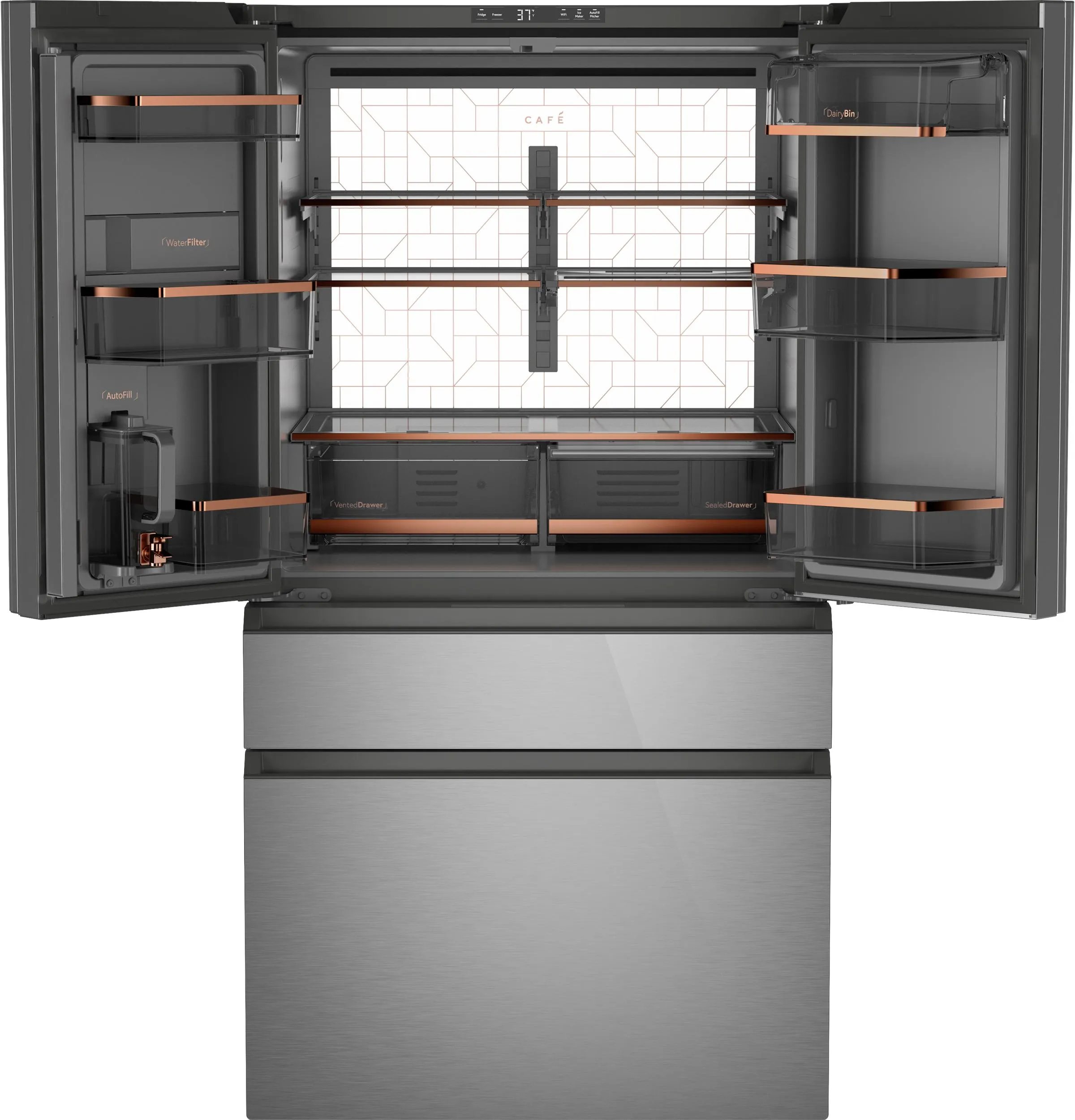 Cafe CJE23DM5WS5 Caf&#8482; Energy Star 23.2 Cu. Ft. Smart Counter-Depth 4-Door French-Door Refrigerator In Platinum Glass With Dual-Dispense Autofill Pitcher