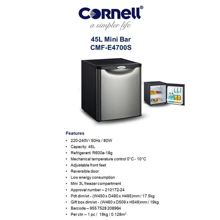 Cornell 45L Mini Bar Fridge CMFE4700S