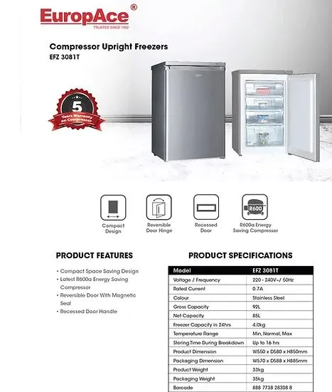 Europace EFZ 3081T Compressor Upright Freezer EFZ3081T