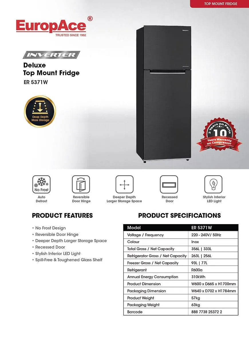 EuropAce ER5371W 333L Deluxe 2-door Top Mount Fridge ER5371WGM