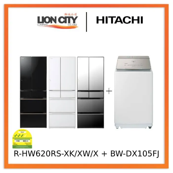 Hitachi R-HW620RS-XK/XW/X 416l Multi-door Fridge Hitachi BW-DX105FJ Top Loading Washer Dryer (Wash 10.5 kg / Dry 5.5kg)