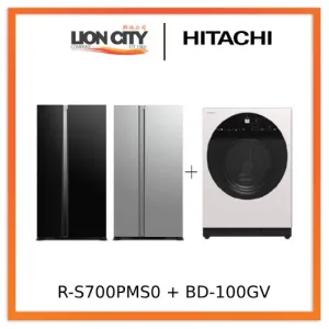 Hitachi R-S700PMS0-GBK/GS 595l Side-by-side Fridge (2 Ticks)   Hitachi BD-100GV Front Loading - Washer AI Wash, Inverter 10 kg, 1,600 RPM