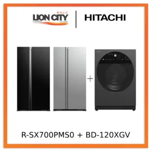 Hitachi R-SX700PMS0-GBK/GS 573L Side by Side Fridge   Hitachi BD-120XGV Front Load Washer AI Wash, Auto Dosing System, Inverter 12 kg, 1,600 RPM