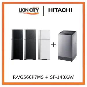 Hitachi R-VG560P7MS -GBK/GGR/GPW 450L Top Freezer Fridge   SF-140XAV 14Kg Top Loading with Glass Top Dynamic-Stream Wash