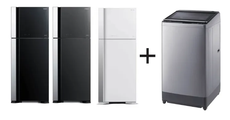 Hitachi R-VG560P7MS -GBK/GGR/GPW 450L Top Freezer Fridge   SF-140XAV 14Kg Top Loading with Glass Top Dynamic-Stream Wash