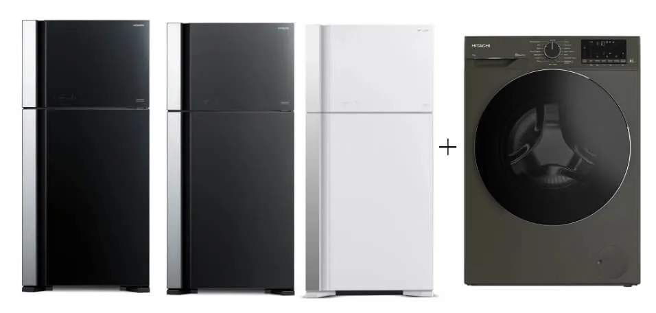 Hitachi R-VG690P7MS - GBK/GGR/GPW 550L Top Freezer Fridge   Hitachi BD-100YFVEM Front Loading - Washer Steam & Hygiene Easy Iron Inverter