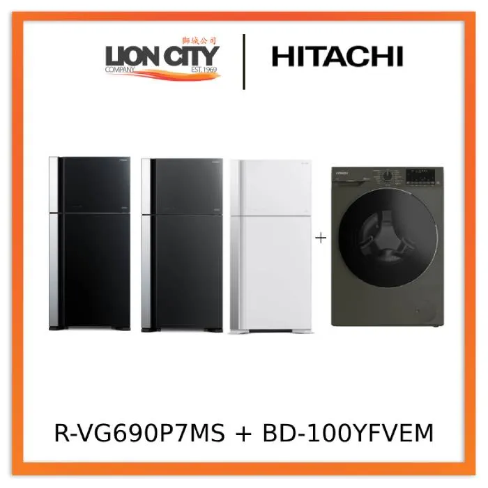 Hitachi R-VG690P7MS - GBK/GGR/GPW 550L Top Freezer Fridge   Hitachi BD-100YFVEM Front Loading - Washer Steam & Hygiene Easy Iron Inverter