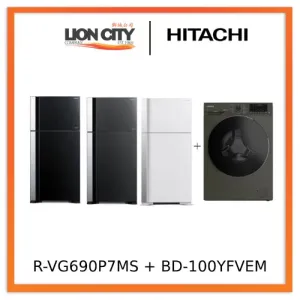 Hitachi R-VG690P7MS - GBK/GGR/GPW 550L Top Freezer Fridge   Hitachi BD-100YFVEM Front Loading - Washer Steam & Hygiene Easy Iron Inverter