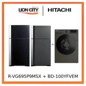 Hitachi R-VG695P9MSX - GBK / GGR BIG-2 Glass Door Inverter Refrigerator   Hitachi BD-100YFVEM Front Loading - Washer Steam & Hygiene Easy Iron Inverter