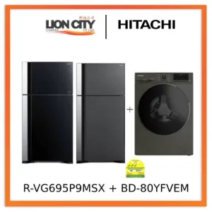 Hitachi R-VG695P9MSX - GBK / GGR BIG-2 Glass Door Inverter Refrigerator   Hitachi BD-80YFVEM Front Loading - Washer Steam & Hygiene Easy Iron Inverter