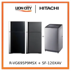 Hitachi R-VG695P9MSX - GBK / GGR BIG-2 Glass Door Inverter Refrigerator   Hitachi SF-120XAV 12kg Top Load with Glass Top Washing Machine