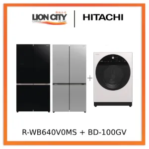 Hitachi R-WB640V0MS - GBK/GS French Bottom Freezer Deluxe 569L   Hitachi BD-100GV Front Loading - Washer AI Wash, Inverter 10 kg, 1,600 RPM