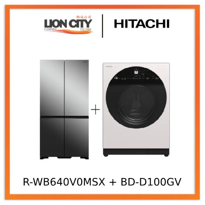 Hitachi R-WB640V0MSX 541L 4 Door Fridge (Bottom Freezer)   Hitachi BD-D100GV Front Load Washer Dryer Wind Iron, AI Wash Inverter 10/7KG