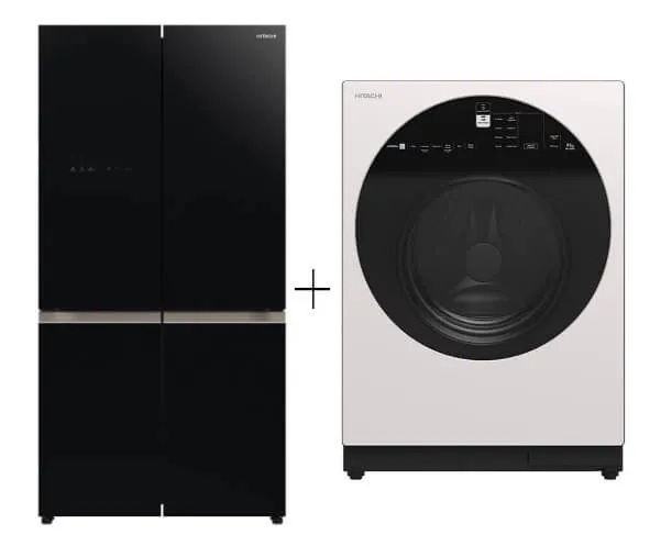 Hitachi R-WB700VMS2-GBK 645L French Bottom Freezer Deluxe 4-Door Refrigerator   Hitachi BD-100GV Front Loading - Washer AI Wash, Inverter 10 kg, 1,600 RPM
