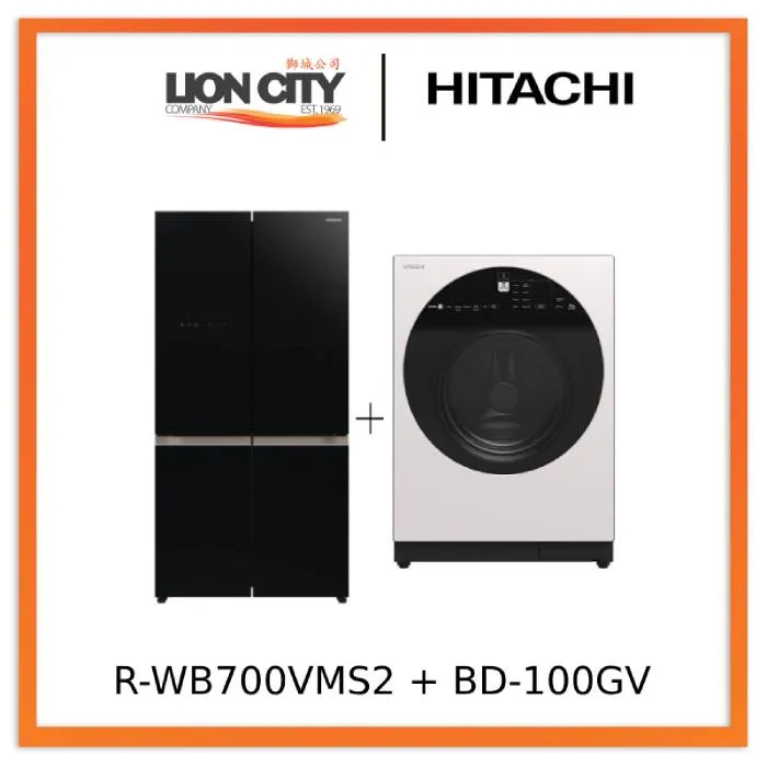 Hitachi R-WB700VMS2-GBK 645L French Bottom Freezer Deluxe 4-Door Refrigerator   Hitachi BD-100GV Front Loading - Washer AI Wash, Inverter 10 kg, 1,600 RPM