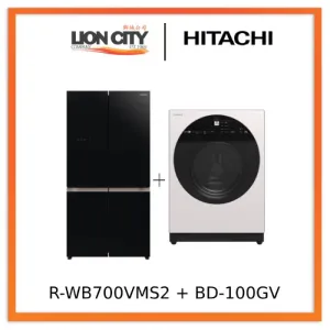 Hitachi R-WB700VMS2-GBK 645L French Bottom Freezer Deluxe 4-Door Refrigerator   Hitachi BD-100GV Front Loading - Washer AI Wash, Inverter 10 kg, 1,600 RPM