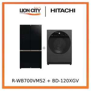 Hitachi R-WB700VMS2-GBK 645L French Bottom Freezer Deluxe 4-Door Refrigerator   Hitachi BD-120XGV Front Load Washer AI Wash, Auto Dosing System, Inverter 12 kg, 1,600 RPM