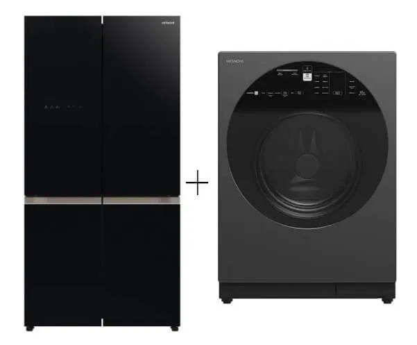 Hitachi R-WB700VMS2-GBK 645L French Bottom Freezer Deluxe 4-Door Refrigerator   Hitachi BD-120XGV Front Load Washer AI Wash, Auto Dosing System, Inverter 12 kg, 1,600 RPM