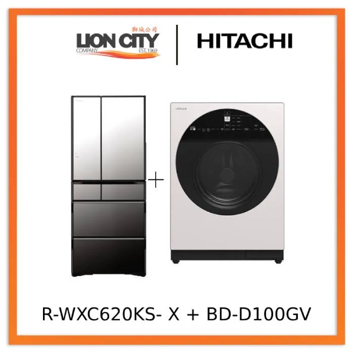 Hitachi R-WXC620KS-X Multi Door Refrigerator (500l) Hitachi BD-D100GV Front Load Washer Dryer Wind Iron, AI Wash Inverter 10/7KG