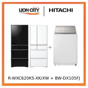 Hitachi R-WXC620KS-XK/XW (Crystal White) Multi Door Refrigerator (500l) Hitachi BW-DX105FJ Top Loading Washer Dryer (Wash 10.5 kg / Dry 5.5kg)