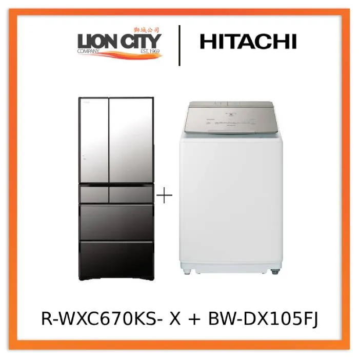 Hitachi R-WXC670KS-X Multi Door Refrigerator (500l) Hitachi BW-DX105FJ Top Loading Washer Dryer (Wash 10.5 kg / Dry 5.5kg)