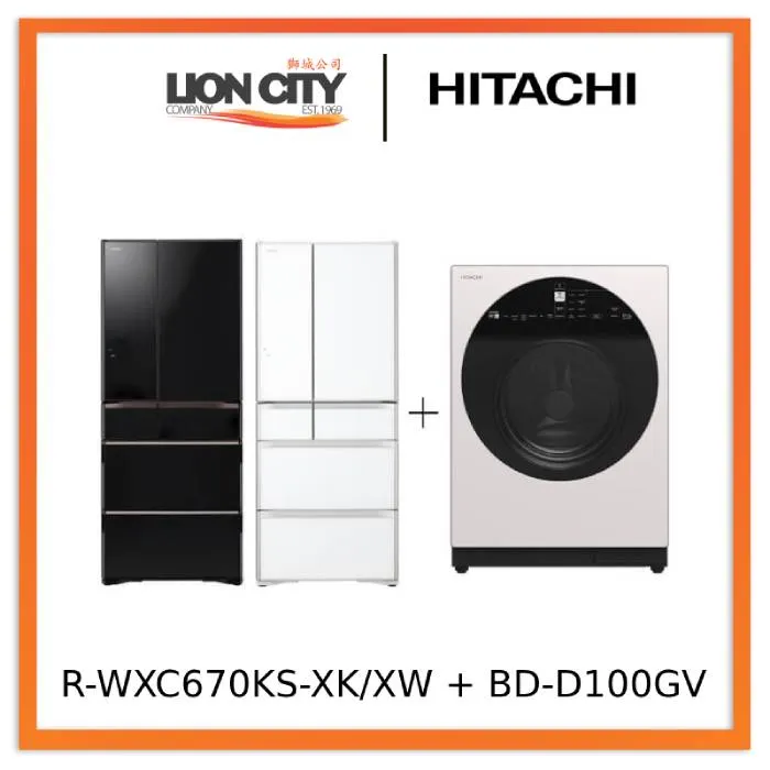 Hitachi R-WXC670KS-XK/XW Multi Door Refrigerator (500l) Hitachi BD-D100GV Front Load Washer Dryer Wind Iron, AI Wash Inverter 10/7KG