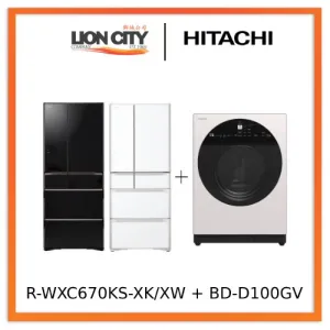 Hitachi R-WXC670KS-XK/XW Multi Door Refrigerator (500l) Hitachi BD-D100GV Front Load Washer Dryer Wind Iron, AI Wash Inverter 10/7KG