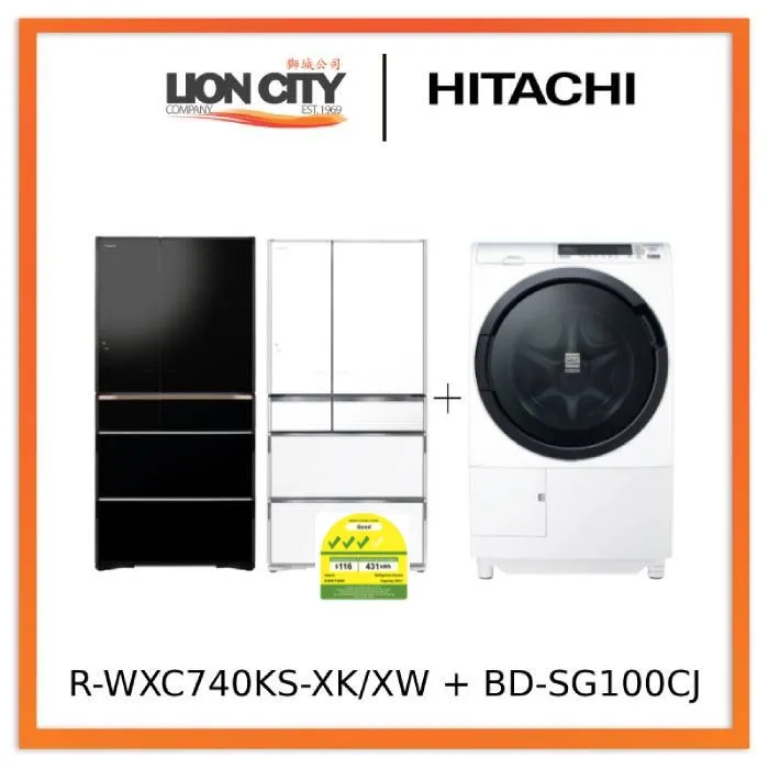 Hitachi R-WXC740KS-XK/XW 572L Smart Multi-door Fridge Hitachi BD-SG100CJ 10kg Front Load Washer Dryer
