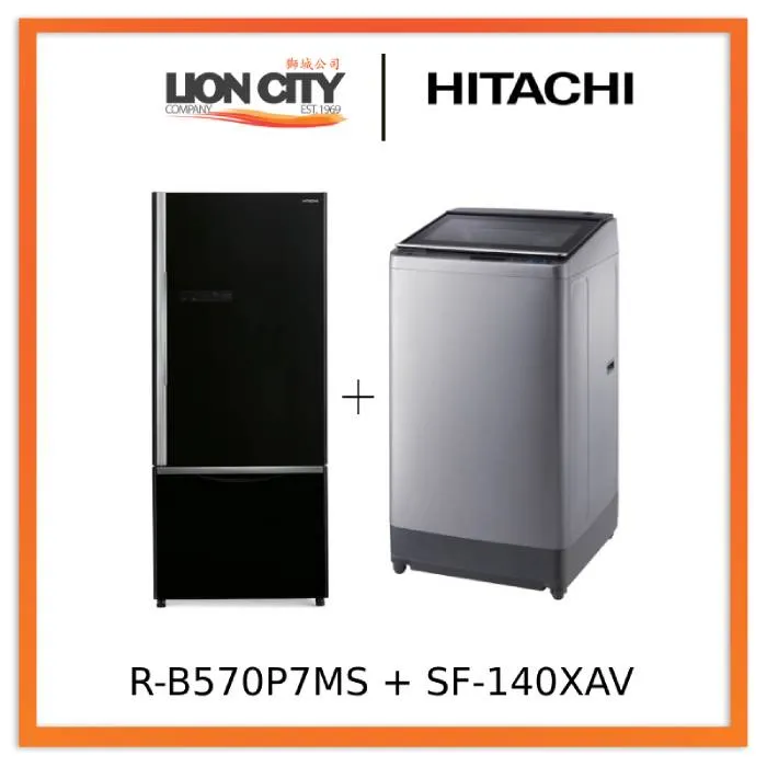 Hitachi RB570P7MS 2 DR Refrigerators   Hitachi SF140XAV 14Kg Top Loading with Glass Top Dynamic-Stream Wash