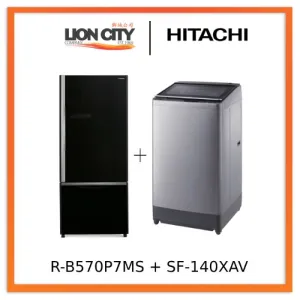 Hitachi RB570P7MS 2 DR Refrigerators   Hitachi SF140XAV 14Kg Top Loading with Glass Top Dynamic-Stream Wash