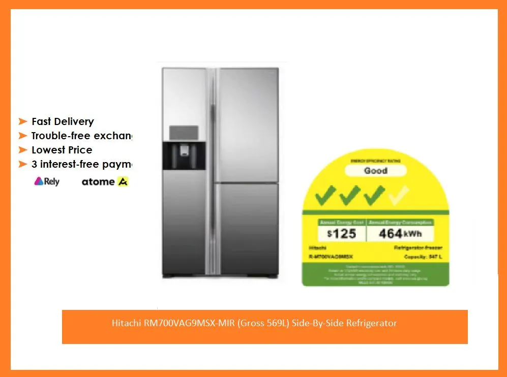 Hitachi RM700VAG9MSX-MIR (Gross 569L) Side-By-Side Refrigerator   BD90YAV 9kg Powered Inverter Front Load Washing Machine