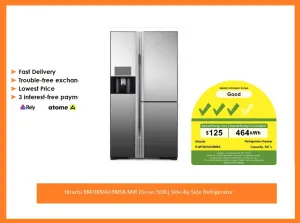 Hitachi RM700VAG9MSX-MIR (Gross 569L) Side-By-Side Refrigerator   BD90YAV 9kg Powered Inverter Front Load Washing Machine