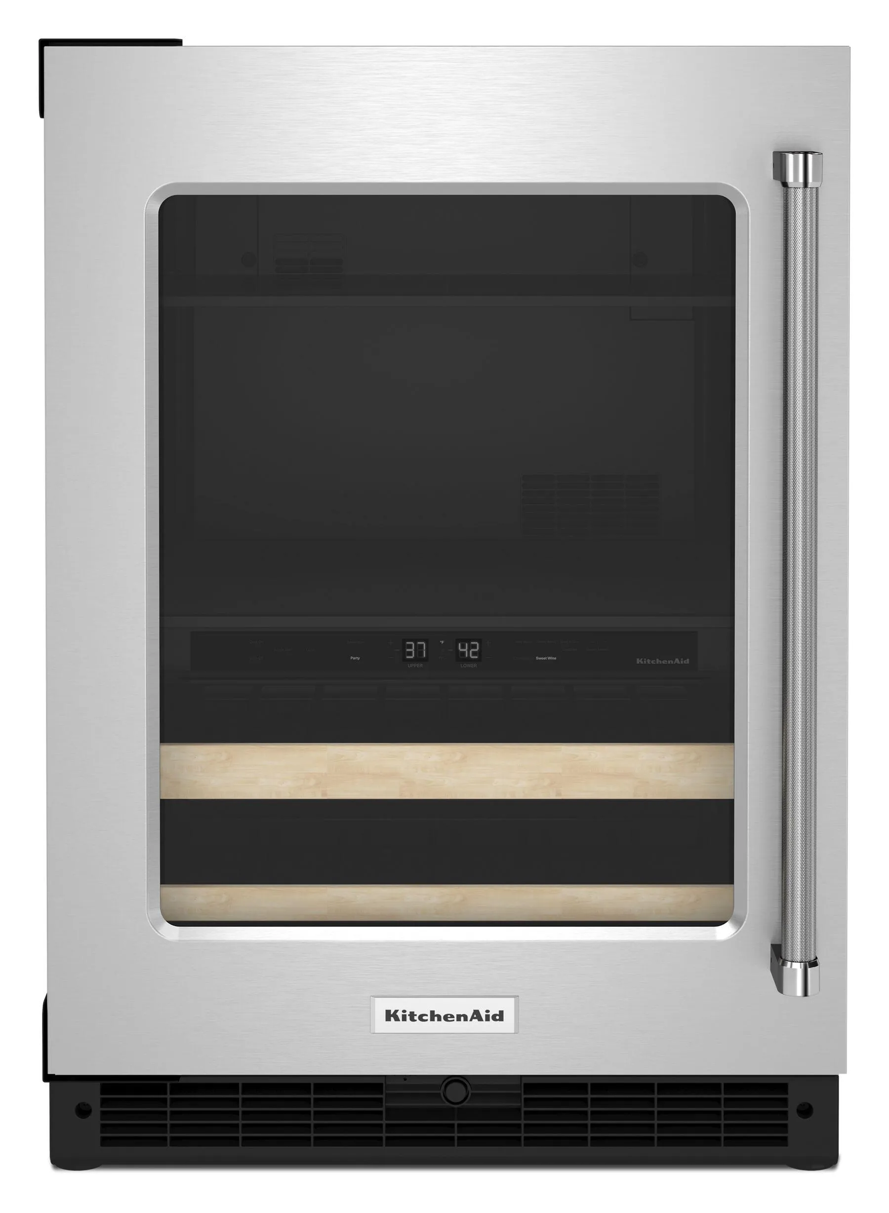 Kitchenaid KUBL214KSB 24" Beverage Center With Glass Door And Wood-Front Racks - Black Cabinet/Stainless Doors