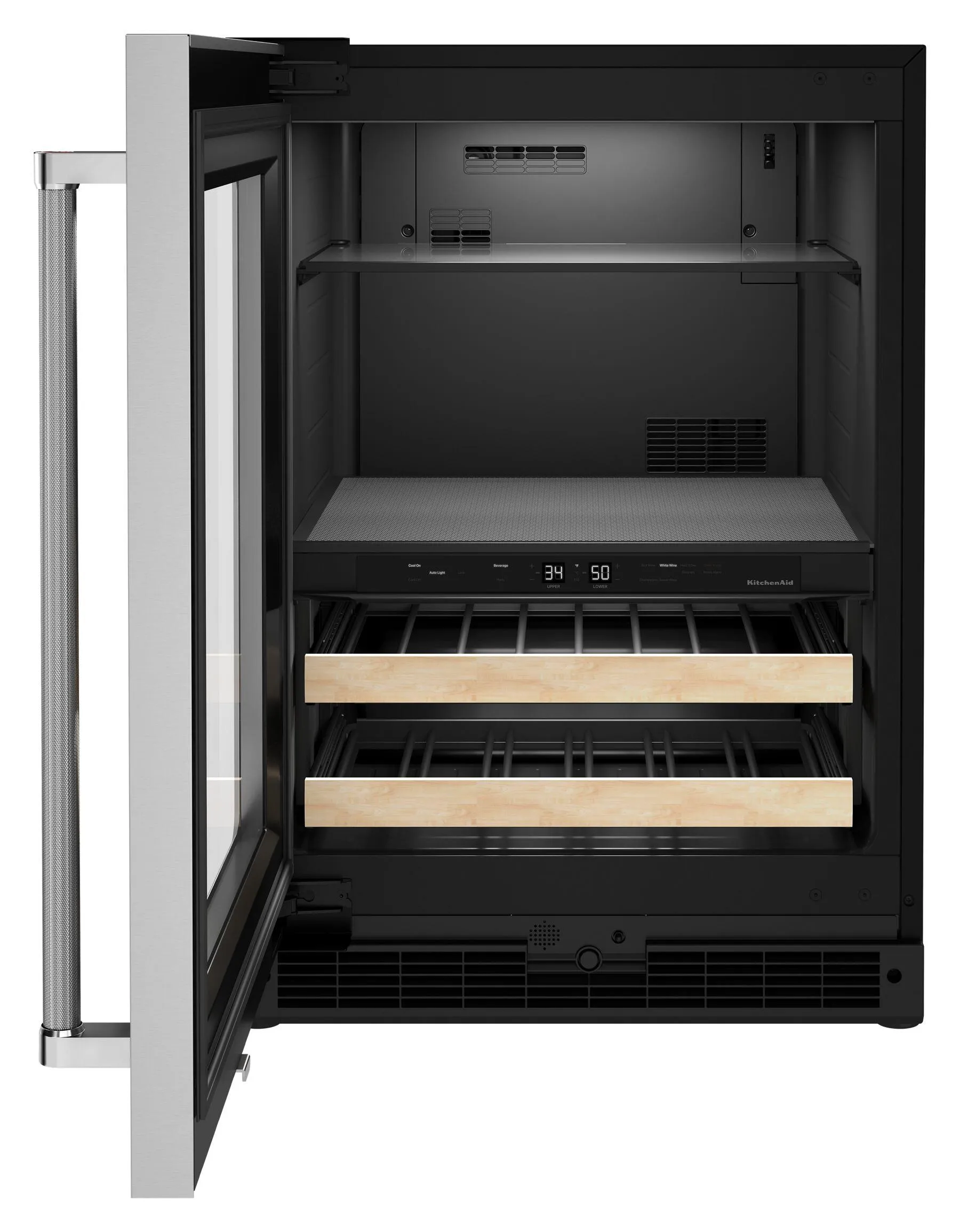Kitchenaid KUBL214KSB 24" Beverage Center With Glass Door And Wood-Front Racks - Black Cabinet/Stainless Doors