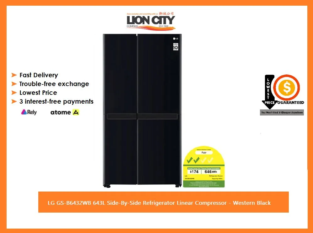 LG GS-B6432WB 643L Side-By-Side Refrigerator Linear Compressor - Western Black