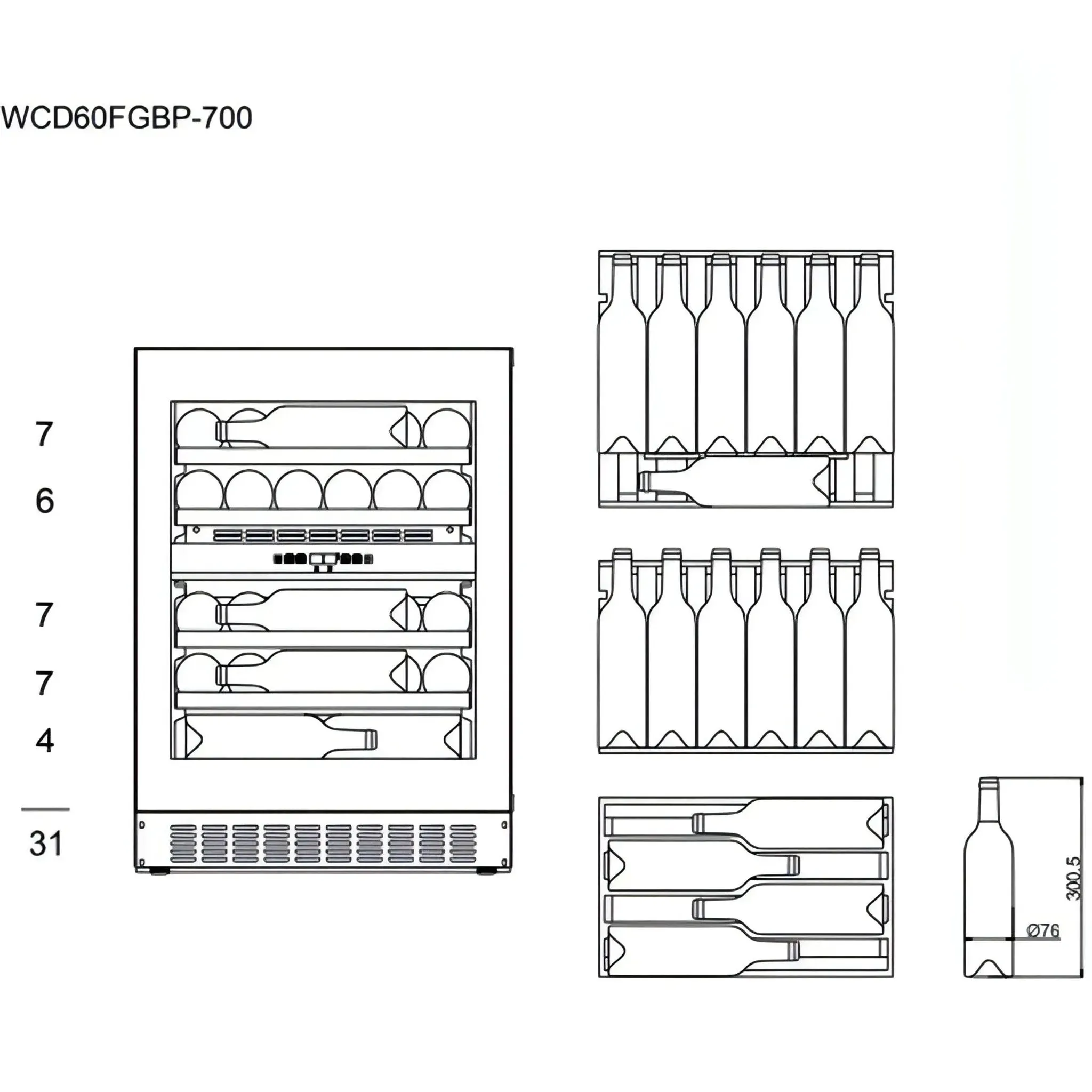mQuve - 600mm - Undercounter Wine Fridge - WineCave 700 60D Fullglass Black - Push/Pull - 700mm Door Height