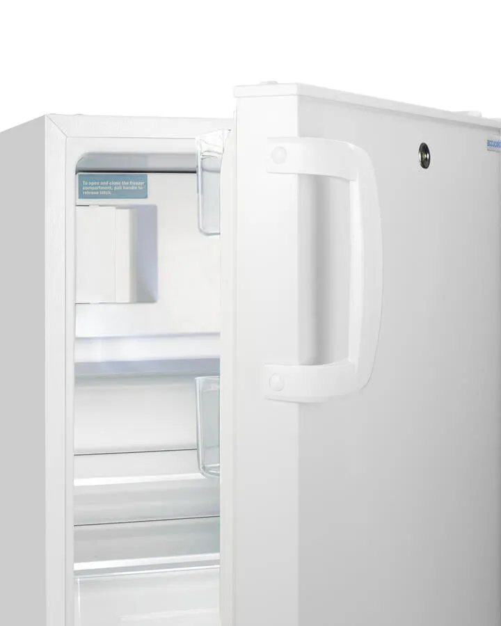 Summit ADA302RFZ Built-In Undercounter, Ada Compliant Refrigerator-Freezer In White, Designed For General Purpose Storage, Manual Defrost With Glass Shelves, Front Lock, And Door Storage