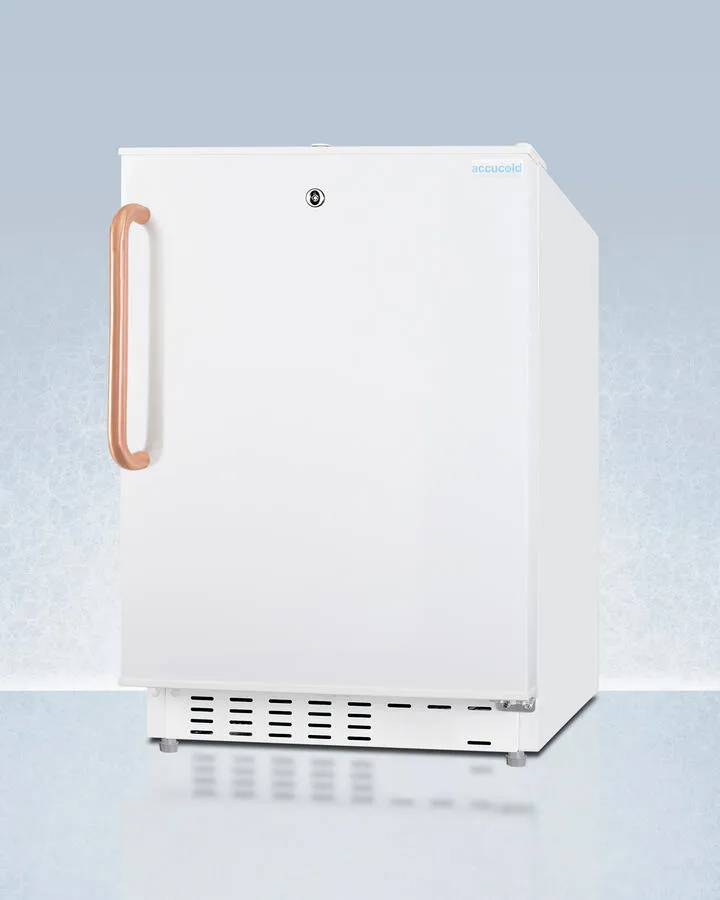 Summit ADA302RFZTBC Built-In Undercounter, Ada Compliant Refrigerator-Freezer In White, Designed For General Purpose Storage, With Pure Copper Towel Bar Handle, Manual Defrost With Glass Shelves, Front Lock, And Door Storage
