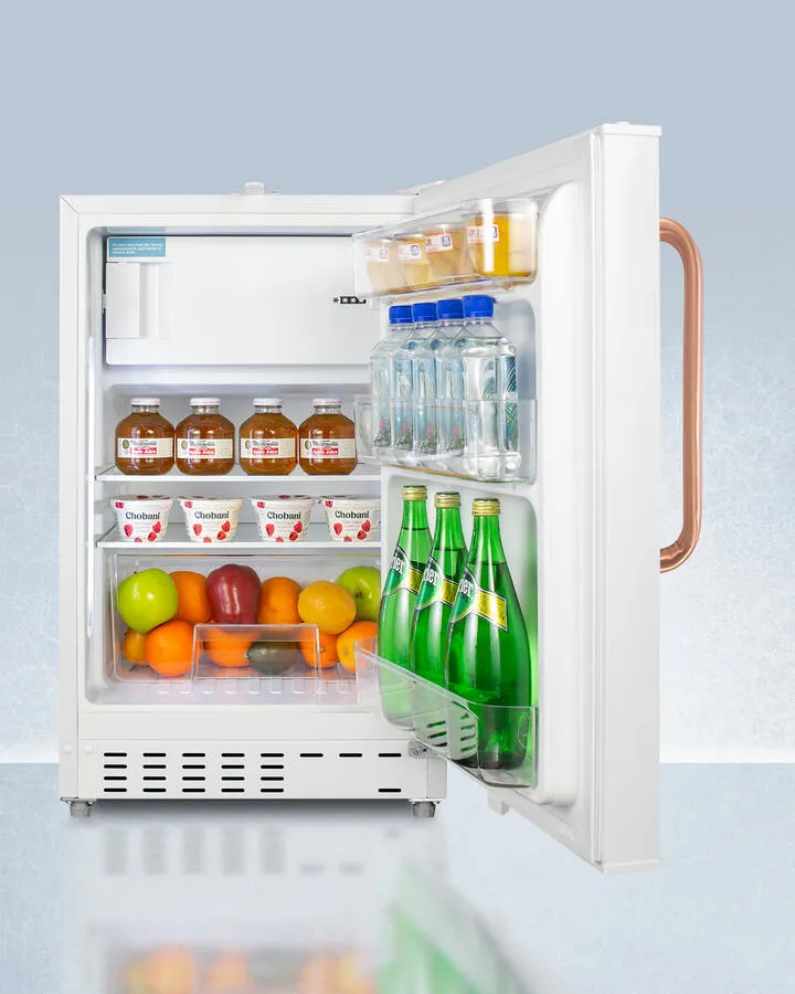 Summit ADA302RFZTBC Built-In Undercounter, Ada Compliant Refrigerator-Freezer In White, Designed For General Purpose Storage, With Pure Copper Towel Bar Handle, Manual Defrost With Glass Shelves, Front Lock, And Door Storage