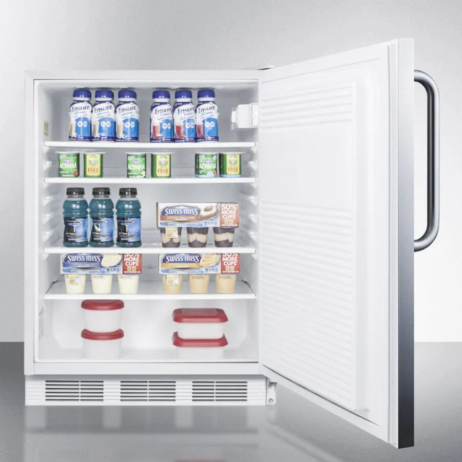 Summit AL750LSSTB Ada Compliant All-Refrigerator For Freestanding General Purpose Use, Auto Defrost W/Lock, Ss Door, Towel Bar Handle, And White Cabinet