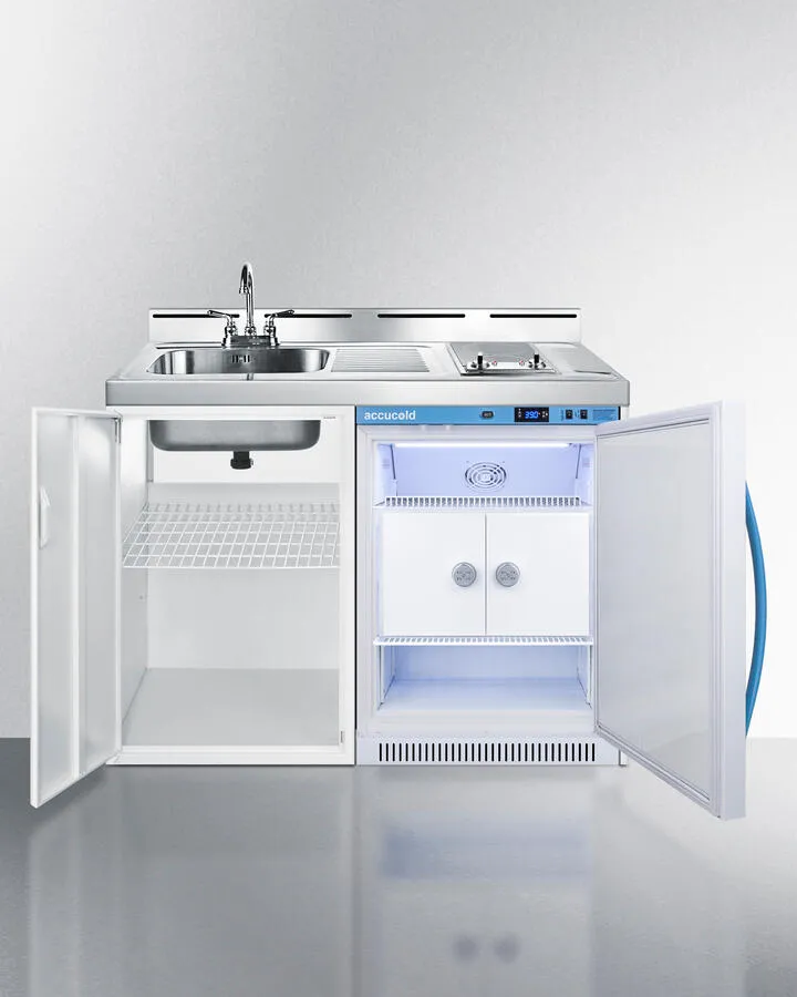 Summit C48ELMCLK 48" Wide All-In-One Kitchenette With A Smooth Glass Cooktop, Momcube Breast Milk Refrigerator With Interior Lockers, Sink With Faucet, And Storage Cabinet